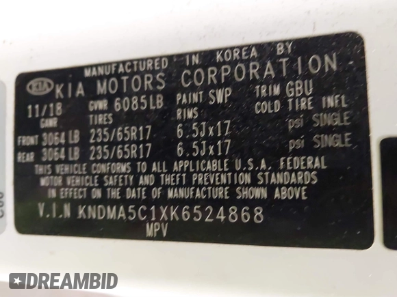 2019 Kia Sedona L with VIN KNDMA5C1XK6524868, listed as a IAAI auction lot 41048602 with 82,511 mi miles. Bid and sale history available at carsss.com. Image 9.