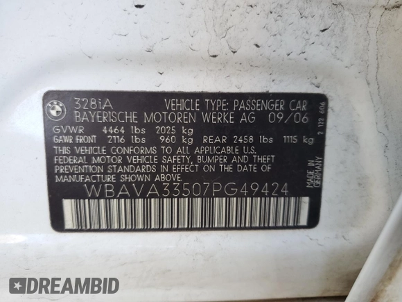 2007 BMW 3 Series 328i with VIN WBAVA33507PG49424, listed as a Copart auction lot 44634465 with 178,634 mi miles and Salvage Title. Bid and sale history available at DreamBid. Image 12.