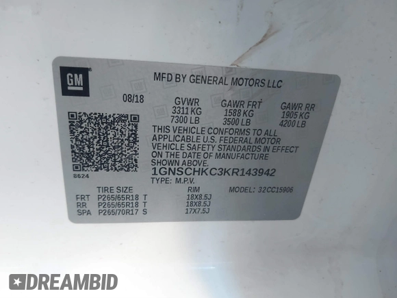 2019 Chevrolet Suburban LT with VIN 1GNSCHKC3KR143942, listed as a IAAI auction lot 41896633 with 153,139 mi miles and . Bid and sale history available at DreamBid. Image 9.
