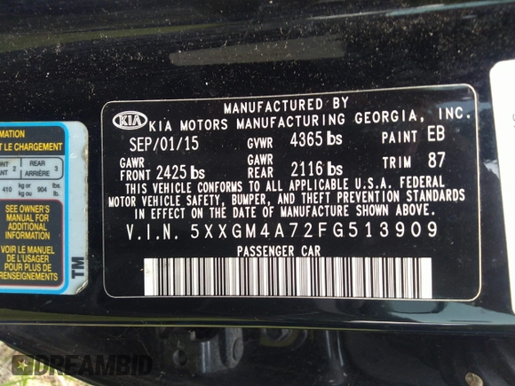 2015 Kia Optima LX with VIN 5XXGM4A72FG513909, listed as a IAAI auction lot 41686610 with 139,524 mi miles. Bid and sale history available at carsss.com. Image 9.