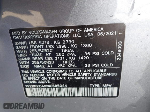 2021 Volkswagen Atlas SEL with VIN 1V2BR2CA9MC595044, listed as a IAAI auction lot 41507412 with 49,170 mi miles and . Bid and sale history available at DreamBid. Image 9.