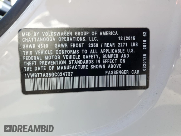 2016 Volkswagen Passat SE с VIN 1VWBT7A35GC024737, выставлен на аукционе Copart как лот 61588285 с пробегом 157 573 миль миль и Списание • Salvage title. История ставок и продаж доступна на DreamBid. Изображение 12.