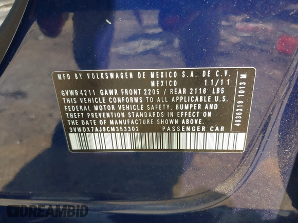 2012 Volkswagen Jetta SE with VIN 3VWDX7AJ9CM353302, listed as a IAAI auction lot 42617772 with 226,547 mi miles and . Bid and sale history available at DreamBid. Image 9.