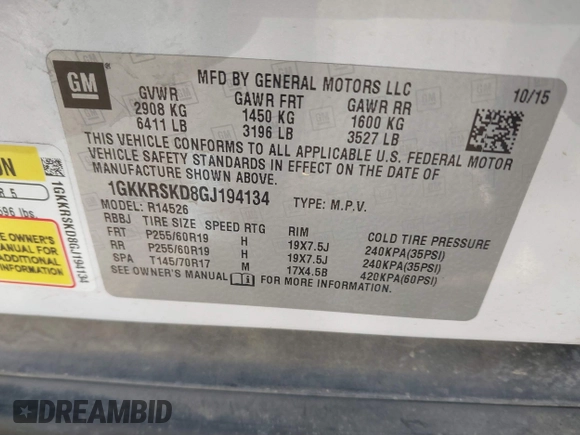 2016 GMC Acadia SLT with VIN 1GKKRSKD8GJ194134, listed as a IAAI auction lot 41680902 with 95,843 mi miles. Bid and sale history available at carsss.com. Image 9.