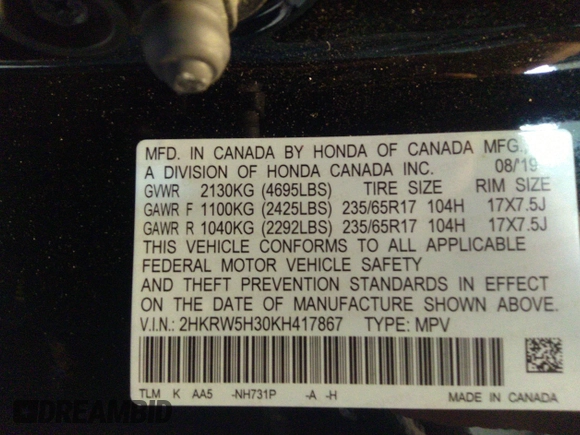 2019 Honda CR-V LX with VIN 2HKRW5H30KH417867, listed as a IAAI auction lot 36884921 with Not Provided miles and . Bid and sale history available at DreamBid. Image 9.