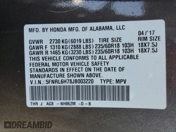 2018 Honda Odyssey EX-L with VIN 5FNRL6H78JB003220, listed as a Copart auction lot 48493355 with 127,807 mi miles and Salvage Title. Bid and sale history available at carsss.com. Image 13.