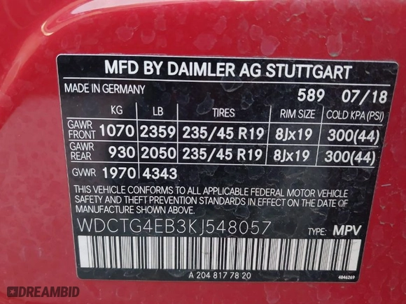 2019 Mercedes-Benz GLA with VIN WDCTG4EB3KJ548057, listed as a IAAI auction lot 41831725 with 59,968 mi miles. Bid and sale history available at carsss.com. Image 9.