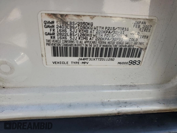 2007 Mitsubishi Outlander LS z VIN JA4MT31X77Z011292, wystawiony jako Copart lot #52422345 z przebiegiem 250 535 mil mil oraz Nie do naprawy • Non repairable. Historia ofert i sprzedaży dostępna na DreamBid. Obrazek 14.
