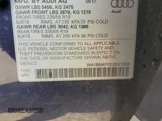2018 Audi Q5 Premium Plus with VIN WA1BNAFY2J2021039, listed as a Copart auction lot 59170795 with 64,539 mi miles and Salvage title. Bid and sale history available at DreamBid. Image 12.
