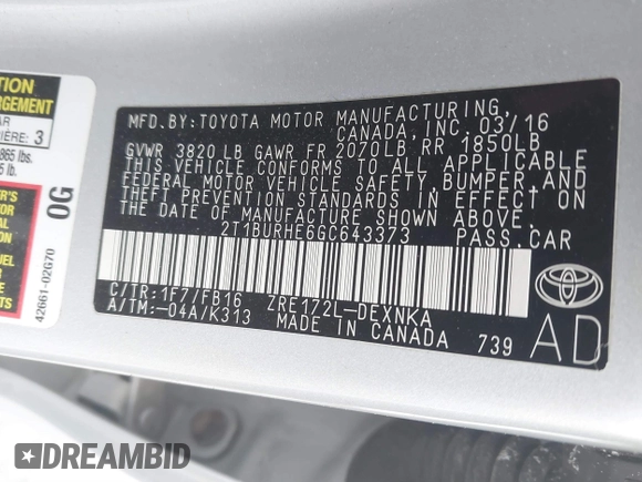 2016 Toyota Corolla L with VIN 2T1BURHE6GC643373, listed as a IAAI auction lot 41641399 with 85,088 mi miles and . Bid and sale history available at DreamBid. Image 9.