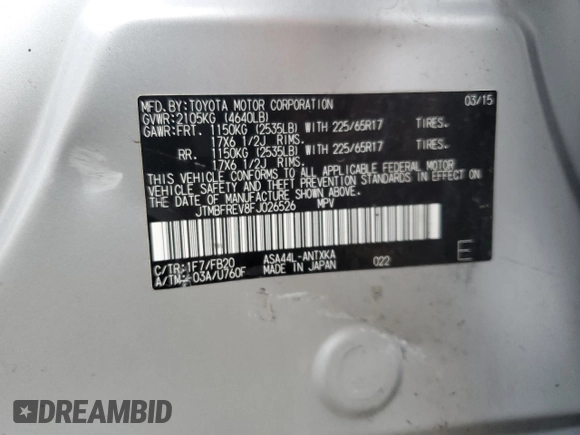 2015 Toyota RAV4 LE with VIN JTMBFREV8FJ026526, listed as a Copart auction lot 86585454 with Not Provided miles and Salvage Title. Bid and sale history available at carsss.com. Image 14.