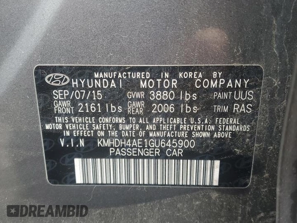 2016 Hyundai Elantra SE with VIN KMHDH4AE1GU645900, listed as a Copart auction lot 56378265 with 40,206 mi miles and Salvage title. Bid and sale history available at DreamBid. Image 12.