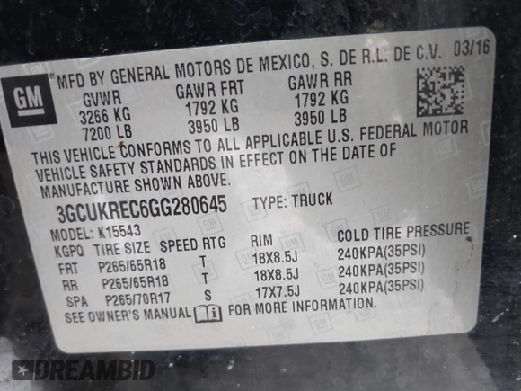 2016 Chevrolet Silverado 1500 LT with VIN 3GCUKREC6GG280645, listed as a IAAI auction lot 41730488 with 144,706 mi miles and . Bid and sale history available at DreamBid. Image 9.