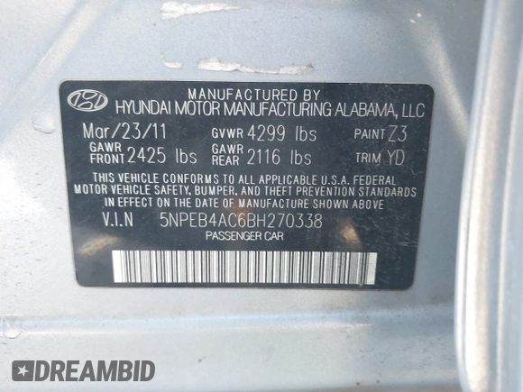 2011 Hyundai Sonata GLS with VIN 5NPEB4AC6BH270338, listed as a IAAI auction lot 42065801 with 154,290 mi miles and . Bid and sale history available at carsss.com. Image 9.