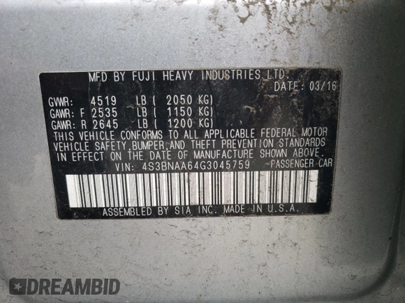 2016 Subaru Legacy 2.5i z VIN 4S3BNAA64G3045759, wystawiony jako Copart lot #55928335 z przebiegiem 139 430 mil mil oraz Szkoda całkowita • Salvage title. Historia ofert i sprzedaży dostępna na DreamBid. Obrazek 13.