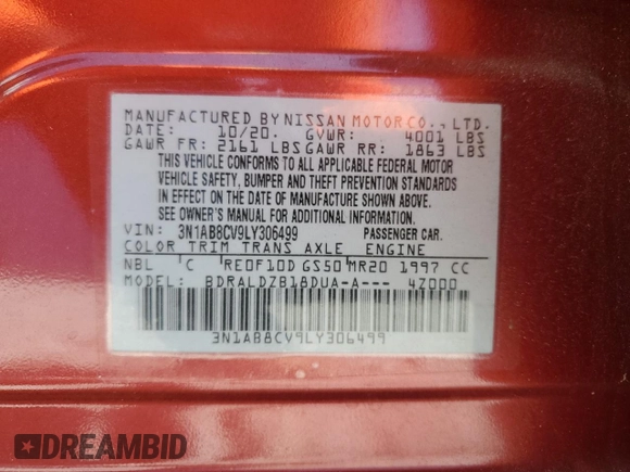 2020 Nissan Sentra SV with VIN 3N1AB8CV9LY306499, listed as a Copart auction lot 54952555 with 22,881 mi miles and Salvage Title. Bid and sale history available at DreamBid. Image 12.