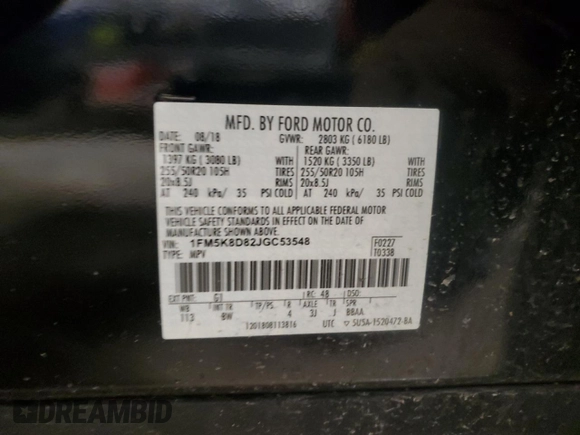 2018 Ford Explorer XLT z VIN 1FM5K8D82JGC53548, wystawiony jako Copart lot #45889385 z przebiegiem 51 321 mil mil oraz Szkoda całkowita • Salvage title. Historia ofert i sprzedaży dostępna na DreamBid. Obrazek 14.