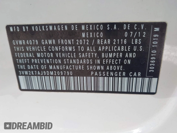 2013 Volkswagen Jetta S with VIN 3VW2K7AJ9DM209790, listed as a IAAI auction lot 42109366 with 50,923 mi miles and . Bid and sale history available at DreamBid. Image 9.