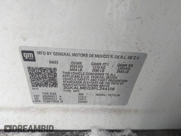 2023 GMC Terrain SLE с VIN 3GKALMEG3PL244106, выставлен на аукционе IAAI как лот 41240833 с пробегом 26 407 миль миль и . История ставок и продаж доступна на DreamBid. Изображение 9.