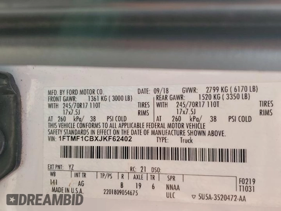 2018 Ford F-150 XL с VIN 1FTMF1CBXJKF62402, выставлен на аукционе Copart как лот 63579525 с пробегом 54 987 миль миль и Списание • Salvage title. История ставок и продаж доступна на DreamBid. Изображение 13.