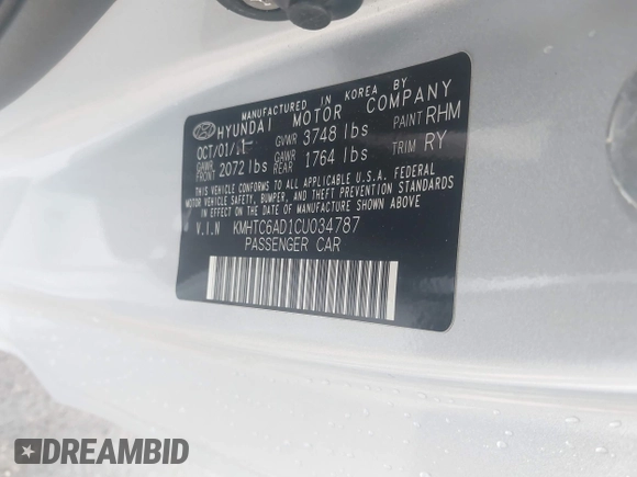 2012 Hyundai Veloster w/Black Int with VIN KMHTC6AD1CU034787, listed as a IAAI auction lot 42607847 with 126,912 mi miles and . Bid and sale history available at DreamBid. Image 9.