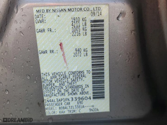 2015 Nissan Altima 2.5 with VIN 1N4AL3AP1FN339604, listed as a Copart auction lot 45107305 with 220,931 mi miles and Salvage Title. Bid and sale history available at carsss.com. Image 12.