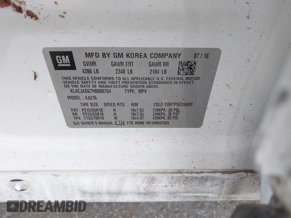 2017 Buick Encore Preferred z VIN KL4CJASB7HB000764, wystawiony jako IAAI lot #42379268 z przebiegiem Nie podano mil oraz . Historia ofert i sprzedaży dostępna na DreamBid. Obrazek 9.