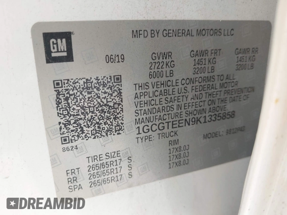 2019 Chevrolet Colorado 4WD ZR2 with VIN 1GCGTEEN9K1335858, listed as a IAAI auction lot 42447016 with 47,303 mi miles and . Bid and sale history available at DreamBid. Image 9.