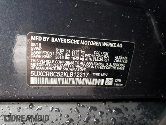 2019 BMW X5 xDrive40i with VIN 5UXCR6C52KLB12217, listed as a Copart auction lot 38102083 with 0 mi miles. Bid and sale history available at carsss.com. Image 15.