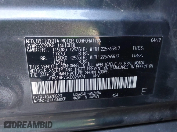 2019 Toyota RAV4 LE with VIN JTMG1RFV3KD025974, listed as a IAAI auction lot 41879264 with 131,933 mi miles and . Bid and sale history available at DreamBid. Image 9.