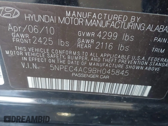 2011 Hyundai Sonata SE with VIN 5NPEC4AC9BH045845, listed as a IAAI auction lot 41581356 with 214,158 mi miles. Bid and sale history available at carsss.com. Image 9.