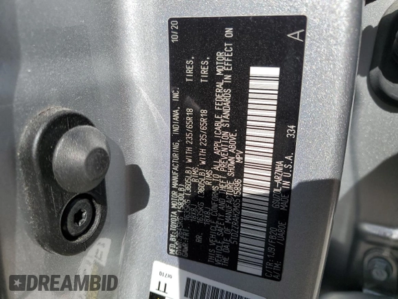 2021 Toyota Highlander L with VIN 5TDZZRAH2MS515896, listed as a Copart auction lot 49450015 with 57,639 mi miles and Salvage title. Bid and sale history available at DreamBid. Image 13.