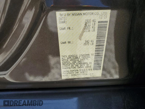 2015 Nissan Altima SL с VIN 1N4AL3AP3FN396595, выставлен на аукционе Copart как лот 57831735 с пробегом 126 705 миль миль и Списание • Salvage title. История ставок и продаж доступна на DreamBid. Изображение 12.