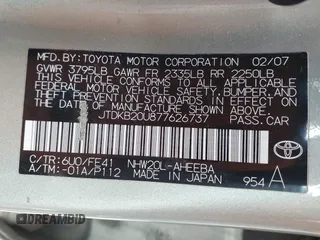 2007 Toyota Prius z VIN JTDKB20U877626737, wystawiony jako IAAI lot #42384250 z przebiegiem 128 560 mil mil oraz . Historia ofert i sprzedaży dostępna na DreamBid. Obrazek 9.