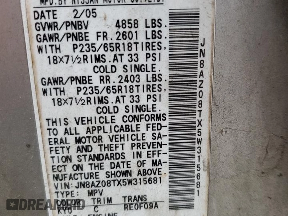 2005 Nissan Murano SE with VIN JN8AZ08TX5W315681, listed as a Copart auction lot 52791315 with 203,420 mi miles and Salvage Title. Bid and sale history available at DreamBid. Image 14.