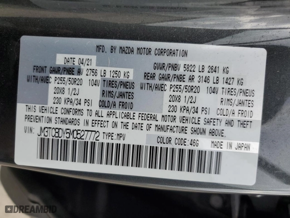 2021 Mazda CX-9 Grand Touring with VIN JM3TCBDY5M0527772, listed as a Copart auction lot 44145545 with 46,530 mi miles and Clean Title. Bid and sale history available at carsss.com. Image 12.