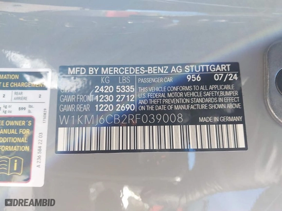 2024 Mercedes-Benz CLE with VIN W1KMJ6CB2RF039008, listed as a IAAI auction lot 40972984 with NaN miles. Bid and sale history available at carsss.com. Image 9.