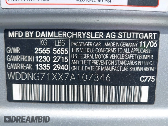 2007 Mercedes-Benz S 550 with VIN WDDNG71XX7A107346, listed as a IAAI auction lot 42090198 with 239,083 mi miles and . Bid and sale history available at DreamBid. Image 9.