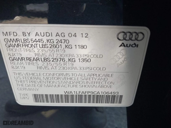 2012 Audi Q5 2.0T Premium Plus with VIN WA1LFAFP9CA106493, listed as a IAAI auction lot 41590137 with 82,311 mi miles. Bid and sale history available at carsss.com. Image 9.
