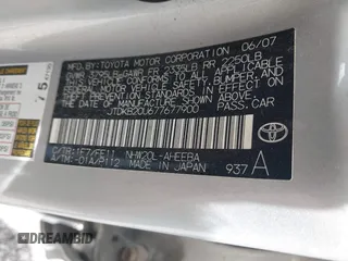 2007 Toyota Prius z VIN JTDKB20U677677900, wystawiony jako IAAI lot #42176780 z przebiegiem 246 442 mil mil oraz . Historia ofert i sprzedaży dostępna na DreamBid. Obrazek 9.