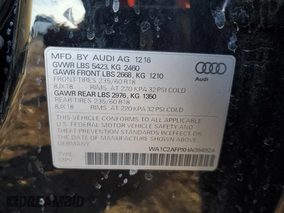 2017 Audi Q5 Premium with VIN WA1C2AFPXHA094924, listed as a Copart auction lot 42546235 with 0 mi miles and Salvage Title. Bid and sale history available at carsss.com. Image 13.