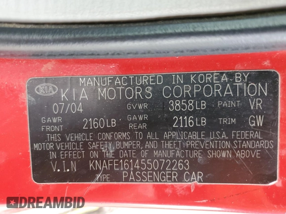 2005 Kia Spectra with VIN KNAFE161455072263, listed as a Copart auction lot 50353204 with 179,957 mi miles and Salvage Title. Bid and sale history available at DreamBid. Image 12.