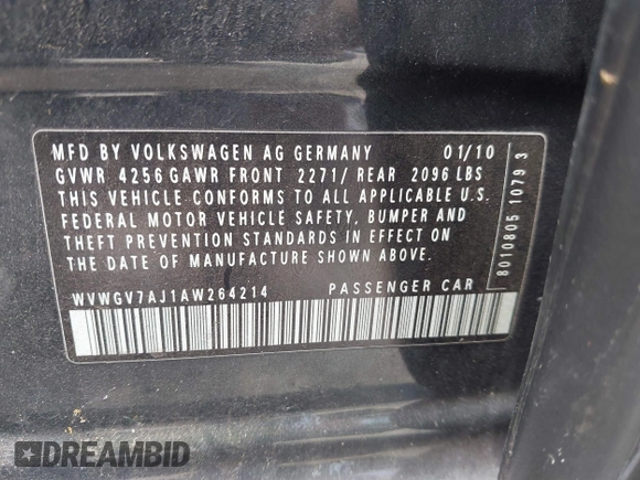 2010 Volkswagen GTI z VIN WVWGV7AJ1AW264214, wystawiony jako IAAI lot #42341801 z przebiegiem 165 464 mil mil oraz . Historia ofert i sprzedaży dostępna na DreamBid. Obrazek 9.