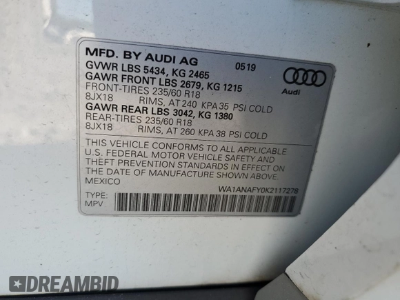 2019 Audi Q5 Premium z VIN WA1ANAFY0K2117278, wystawiony jako Copart lot #52866875 z przebiegiem 59 907 mil mil oraz Szkoda całkowita • Salvage title. Historia ofert i sprzedaży dostępna na DreamBid. Obrazek 15.