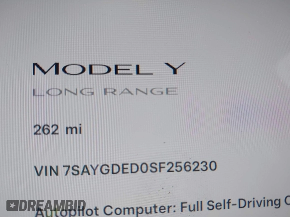 2025 Tesla Model Y Long Range with VIN 7SAYGDED0SF256230, listed as a IAAI auction lot 41356520 with 262 mi miles and . Bid and sale history available at DreamBid. Image 15.