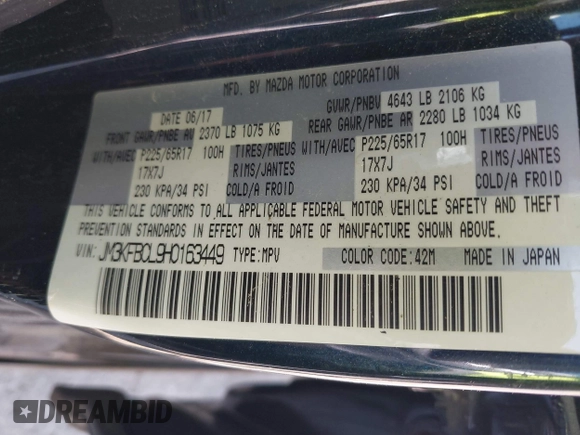 2017 Mazda CX-5 Touring with VIN JM3KFBCL9H0163449, listed as a IAAI auction lot 41919020 with 102,898 mi miles. Bid and sale history available at carsss.com. Image 9.