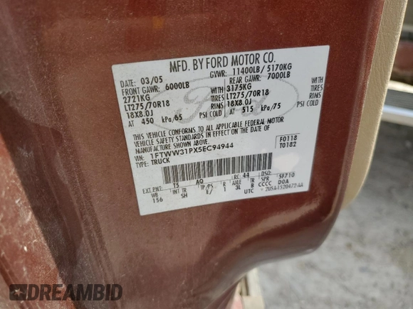 2005 Ford F-350 XL with VIN 1FTWW31PX5EC94944, listed as a Copart auction lot 52916565 with 260,979 mi miles and Salvage Title. Bid and sale history available at DreamBid. Image 12.
