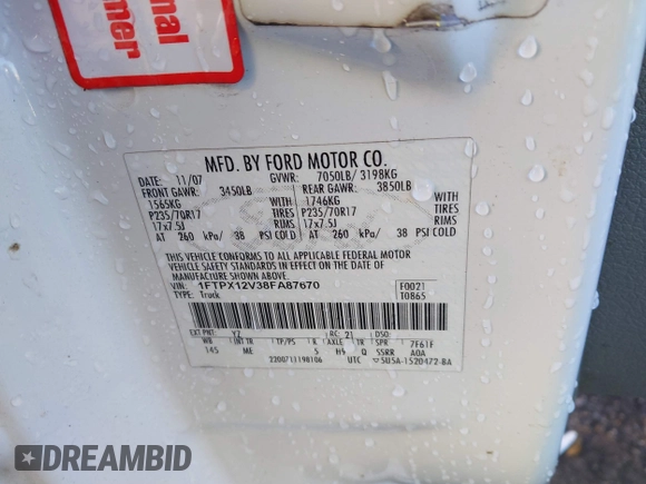 2008 Ford F-150 XL with VIN 1FTPX12V38FA87670, listed as a IAAI auction lot 41292161 with 378,786 mi miles and . Bid and sale history available at DreamBid. Image 9.