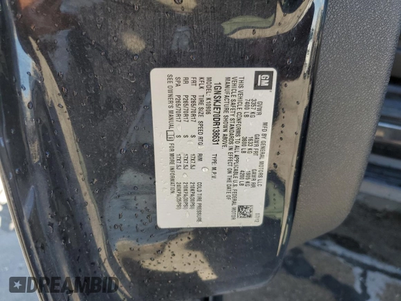 2013 Chevrolet Suburban LT with VIN 1GNSKJE70DR138631, listed as a Copart auction lot 57778185 with 176,934 mi miles and Salvage title. Bid and sale history available at DreamBid. Image 14.