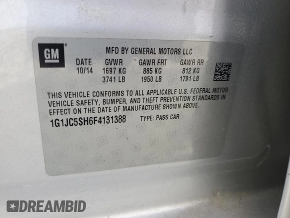 2015 Chevrolet Sonic LT with VIN 1G1JC5SH6F4131388, listed as a Copart auction lot 53811095 with Not provided miles and Salvage title. Bid and sale history available at DreamBid. Image 12.